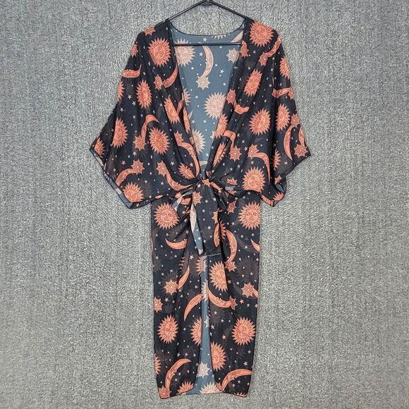 Celestial Kimono Womens One Size Black Brown Sheer Sun Moon Stars Midi Cover Up - Picture 1 of 15